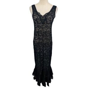 Frederick's of Hollywood Sheer Lace Dress Large Blk Beaded Maxi Mermaid Vintage